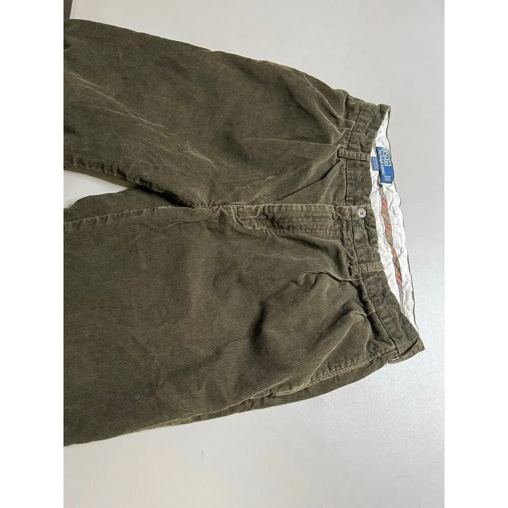 Vintage Polo Ralph Lauren HammonvCorduroy Pants Green Brown Pleated Cuffed 34/32